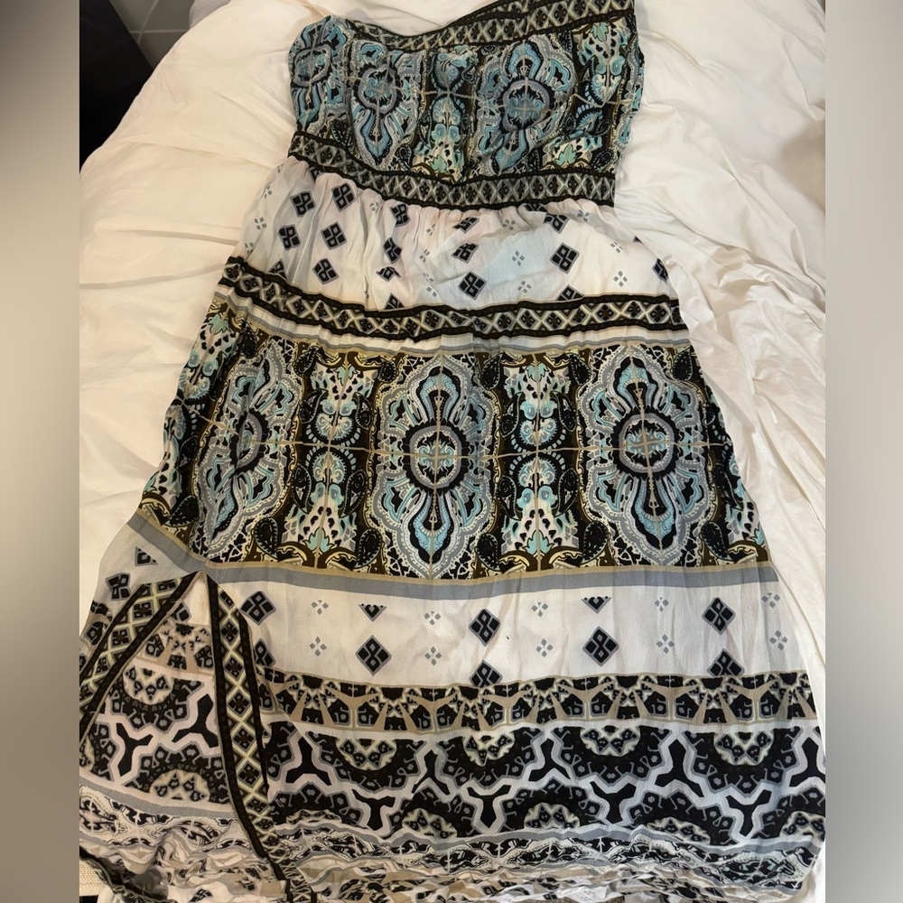HALE BOB strapless side slit maxi dress, small, white black and teal - Picture 2 of 3